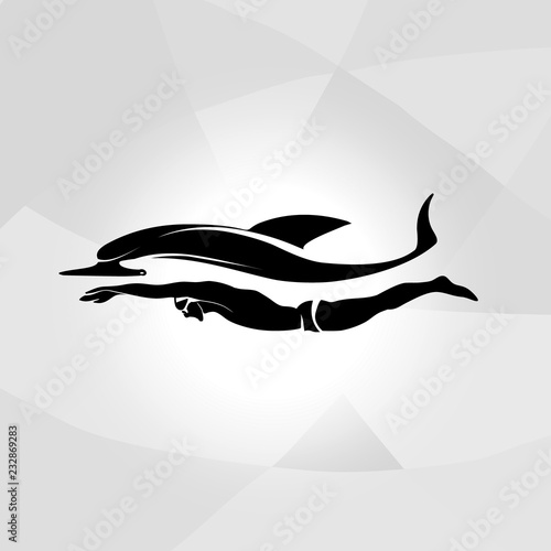 Professional swimmer dolphin vector logo ocean sea wave label
