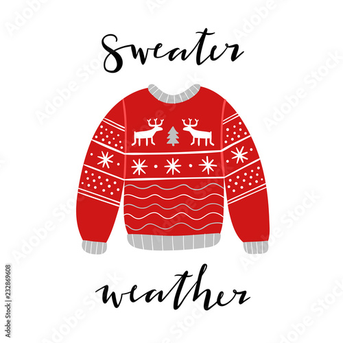 Sweater vector illustration. Hygge element sweater with scandinavian ornament, snowflakes and deers