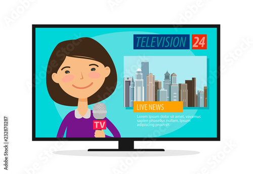 Live news. Young woman, newscaster with microphone in hand. TV, television concept. Cartoon vector illustration