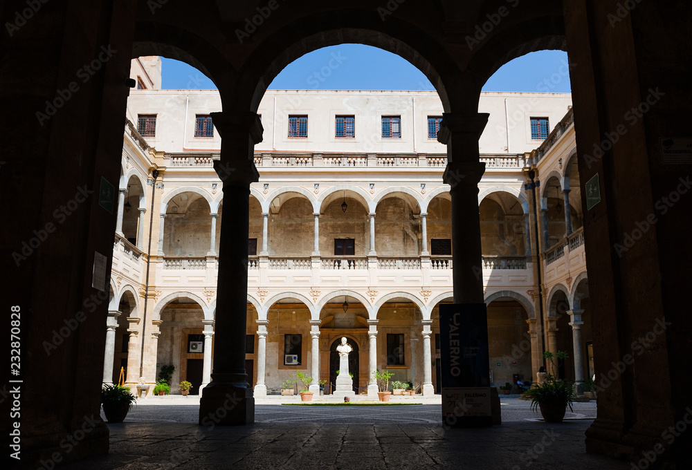 Palermo, Sicily, August 2018 - Courtyard of Collegio Massimo dei Gesuiti
