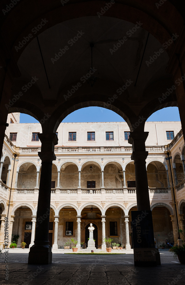 Palermo, Sicily, August 2018 - Courtyard of Collegio Massimo dei Gesuiti