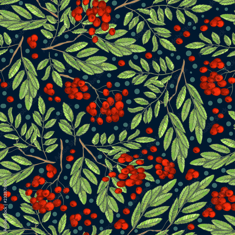 Seamless colorful autumn pattern with rowan berries and green leaves on a dark background. Floral rowan illustration for print.