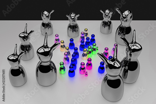 glossy figures standing on a bright surface and celebrating a pretty scary halloween party