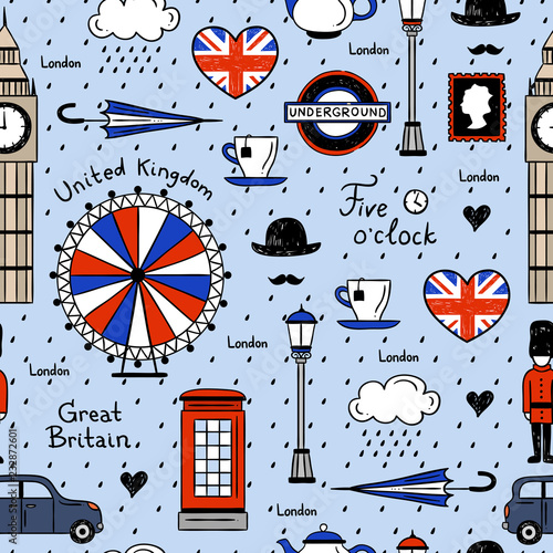 London seamless vector pattern. Retro background with english elements and illustrations