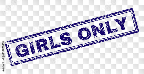 GIRLS ONLY stamp seal print with rubber print style and double framed rectangle shape. Stamp is placed on a transparent background. Blue vector rubber print of GIRLS ONLY tag with scratched texture.