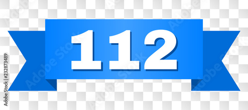 112 text on a ribbon. Designed with white caption and blue tape. Vector banner with 112 tag on a transparent background.