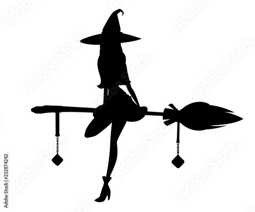 Black silhouette. Cute blonde witch sit on flying broom. Witch hat and clothes. Cartoon character design. Beautiful women. Flat vector illustration isolated on white background