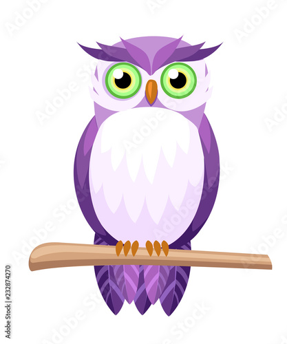 Cute purple owl sitting on branch. Owl with green eyes. Cartoon character design. Flat vector illustration isolated on white background