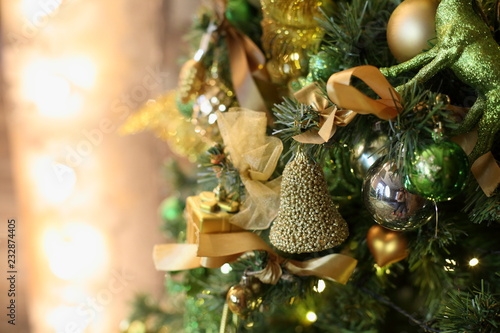 Golden Christmas decorations, Christmas tree, gifts