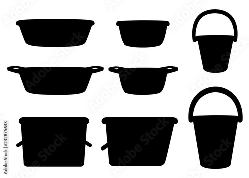 Black silhouette. Collection of water containers. Water buckets and basins. plastic products mass market. Flat vector illustration isolated on white background