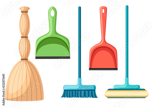 Collection of household cleaning utensil. Broom, mop, scoop. Flat vector illustration isolated on white background