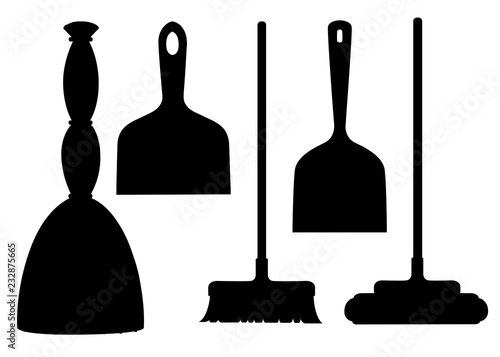 Black silhouette. Collection of household cleaning utensil. Broom, mop, scoop. Flat vector illustration isolated on white background