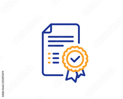 Certificate line icon. Verified document sign. Accepted or confirmed symbol. Colorful outline concept. Blue and orange thin line color icon. Certificate Vector