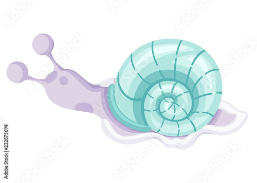 Cute sea snail. Cartoon character design. Purple snail with green shell. Flat vector illustration isolated on white background