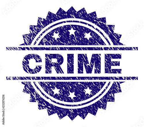 CRIME stamp seal watermark with distress style. Blue vector rubber print of CRIME title with grunge texture.