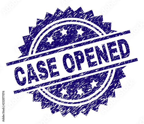 CASE OPENED stamp seal watermark with distress style. Blue vector rubber print of CASE OPENED label with scratched texture.