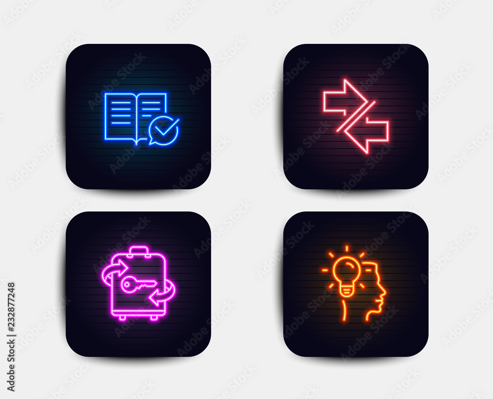 Neon set of Approved documentation, Luggage and Synchronize icons. Idea sign. Instruction book, Baggage locker, Communication arrows. Professional job. Neon book icons. Glowing light banners Neon set of Approved documentation, Luggage and Synchronize icons. Idea sign. Instruction book, Baggage locker, Communication arrows. Professional job. Neon book icons. Glowing light banners