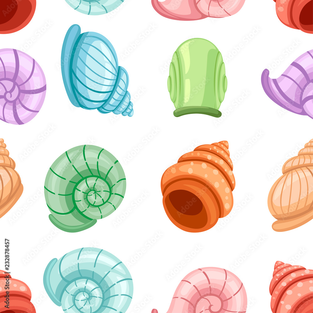 Seamless pattern. Colorful set of snails shells. Different shapes and colors. Archaeological finds. Flat vector illustration on white background Seamless pattern. Colorful set of snails shells. Different shapes and colors. Archaeological finds. Flat vector illustration on white background