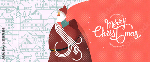 Wishing you a very Merry Christmas and Happy New year. Santa Claus with a big bag, winter calligraphy and pattern background. Vector illustration.