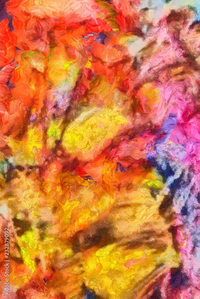 Dynamic hand-painted colorful abstract background. Amazing grunge original texture. Textured paint strokes on canvas. Simple close up backdrop. Beauty chaotic color splashes. Retro vintage style.