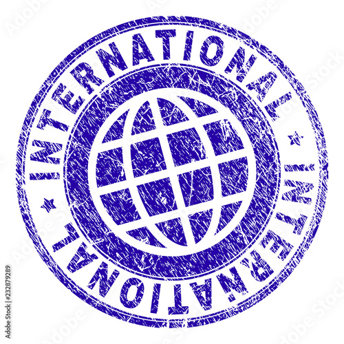 INTERNATIONAL stamp print with distress texture. Blue vector rubber seal print of INTERNATIONAL caption with corroded texture. Seal has words arranged by circle and planet symbol.