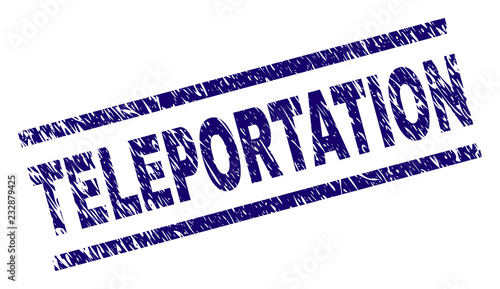 TELEPORTATION seal print with grunge style. Blue vector rubber print of TELEPORTATION tag with retro texture. Text tag is placed between parallel lines.