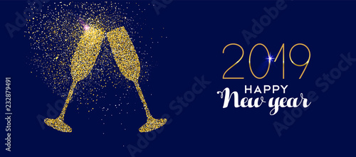 Happy New Year 2019 gold glitter glass toast