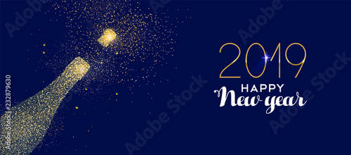 Happy New Year 2019 gold glitter champagne bottle