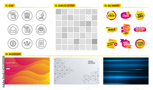 Seamless pattern. Shopping mall banners. Set of Correct answer, Stats and Approved agreement icons. Mail letter, Web mail and Idea signs. Reward, Document symbols. Vector