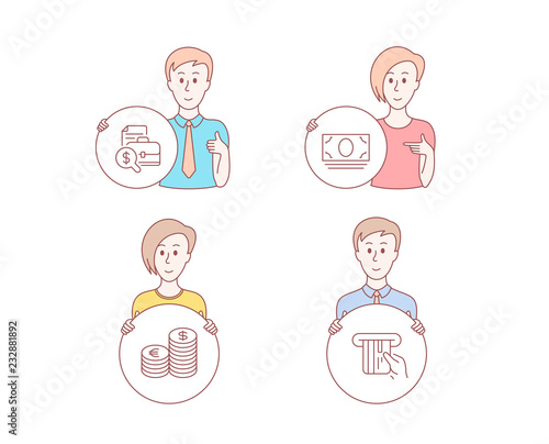People set of Currency, Cash money and Accounting report icons. Credit card sign. Euro and usd, Banking currency, Financial case. Atm payment. Character hold circle button. People vector