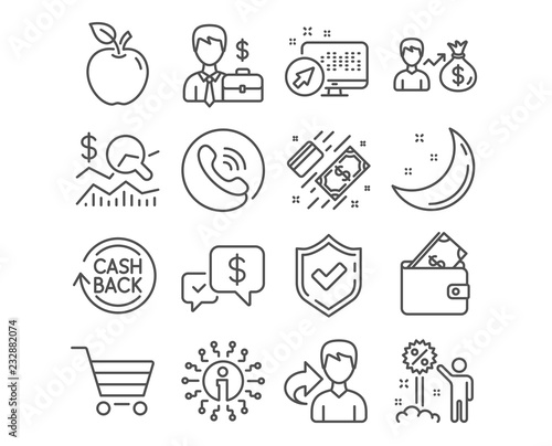 Set of Cashback refund, Check investment and Market sale icons. Sallary, Businessman case and Discount signs. Wallet, Payment received and Payment symbols. Refund commission, Business report. Vector