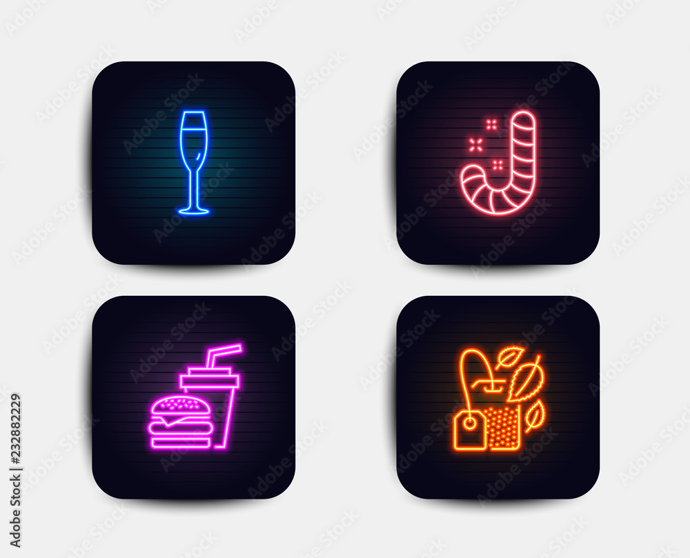 Neon set of Candy, Champagne glass and Hamburger icons. Mint bag sign. Lollypop, Winery, Burger with drink. Mentha tea. Neon icons. Glowing light banners. Candy vector Neon set of Candy, Champagne glass and Hamburger icons. Mint bag sign. Lollypop, Winery, Burger with drink. Mentha tea. Neon icons. Glowing light banners. Candy vector