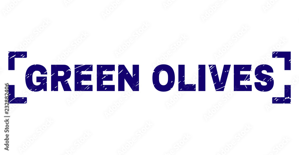 GREEN OLIVES text seal print with distress style. Text caption is placed inside corners. Blue vector rubber print of GREEN OLIVES with retro texture. GREEN OLIVES text seal print with distress style. Text caption is placed inside corners. Blue vector rubber print of GREEN OLIVES with retro texture.