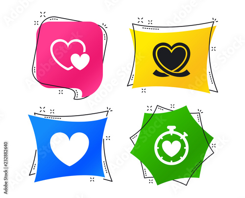 Heart ribbon icon. Timer stopwatch symbol. Love and Heartbeat palpitation signs. Geometric colorful tags. Banners with flat icons. Trendy design. Vector