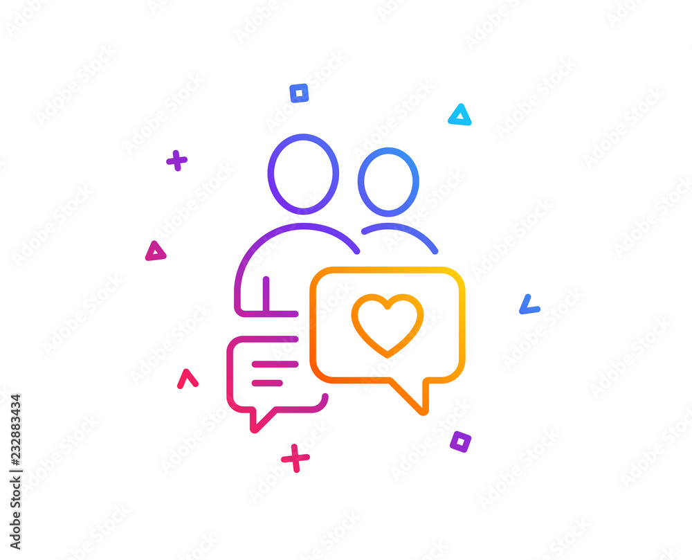 Couple communication line icon. Love chat symbol. Valentines day sign. Gradient line button. Dating chat icon design. Colorful geometric shapes. Vector Couple communication line icon. Love chat symbol. Valentines day sign. Gradient line button. Dating chat icon design. Colorful geometric shapes. Vector