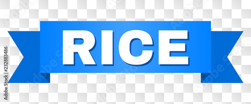 RICE text on a ribbon. Designed with white caption and blue stripe. Vector banner with RICE tag on a transparent background.