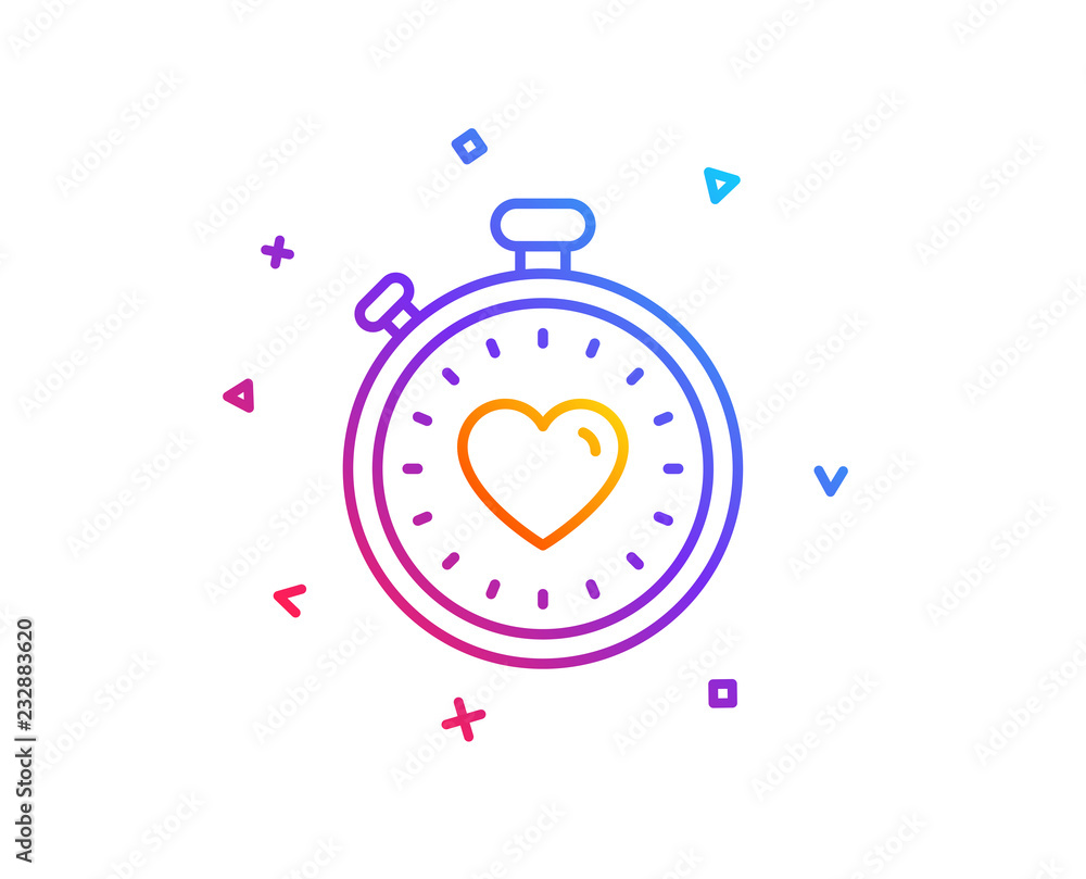 Heart in Timer line icon. Love symbol. Valentines day stopwatch sign. Gradient line button. Heartbeat timer icon design. Colorful geometric shapes. Vector Heart in Timer line icon. Love symbol. Valentines day stopwatch sign. Gradient line button. Heartbeat timer icon design. Colorful geometric shapes. Vector