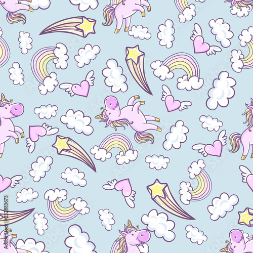 Seamless pattern with unicorns, donut rainbow, confetti, diamond and other elements. Vector background with labels, pins