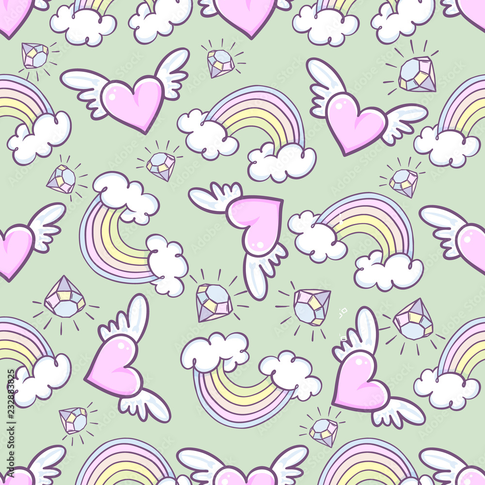 Seamless pattern with donuts, rainbow, heart with wings, precious diamond, Can be used for background images, web pages, surface textures