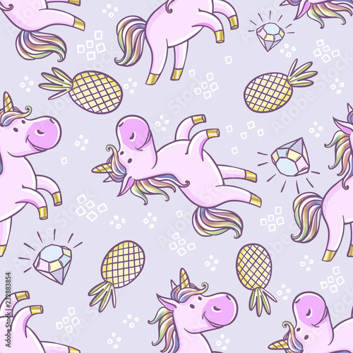 Seamless pattern with unicorns  donut rainbow  confetti  diamond and other elements. Vector background with labels  pins