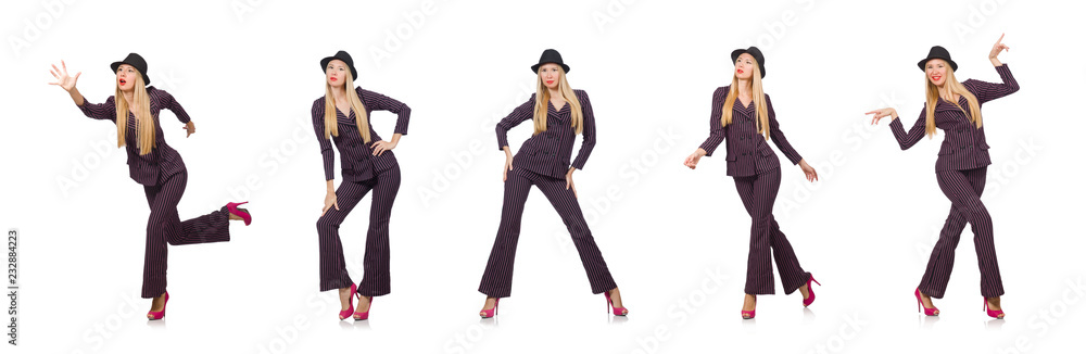 Pretty girl in purple retro suit isolated on white Pretty girl in purple retro suit isolated on white