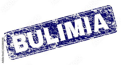 BULIMIA stamp seal print with grunge style. Seal shape is a rounded rectangle with frame. Blue vector rubber print of BULIMIA label with unclean style.