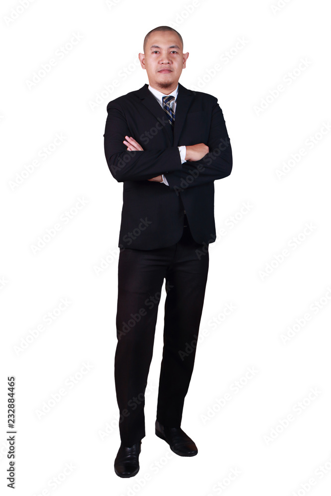 Young Bald Businessman Smiling at the Camera with Crossed Arm, Full Body Portrait Young Bald Businessman Smiling at the Camera with Crossed Arm, Full Body Portrait