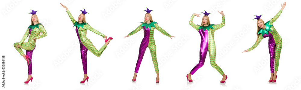 Woman wearing clown costume isolated on white Woman wearing clown costume isolated on white
