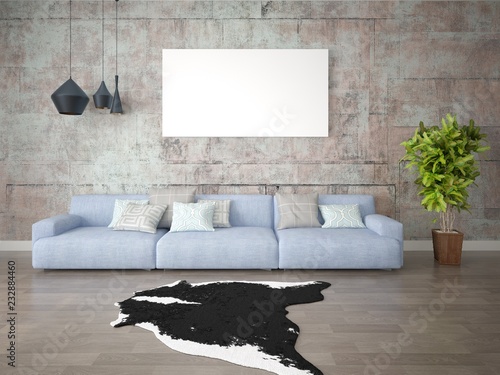 Mock up fashionable living room with a large comfortable sofa and hipster backdrop.