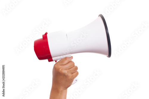 Hand Holding Megaphone Isolated on White Background