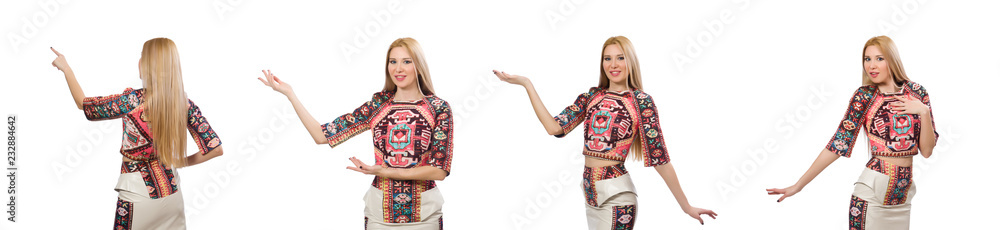 Pretty model in clothes with carpet prints isolated on white Pretty model in clothes with carpet prints isolated on white