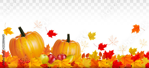 Happy Thanksgiving card with autumn vegetables and fruit on transparent background. Vector.