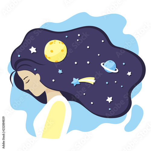 Pretty girl with cosmos in her lush hair. Vector flat illustration.