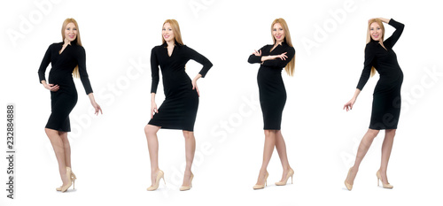Pretty pregnant woman in black dress isolated on white